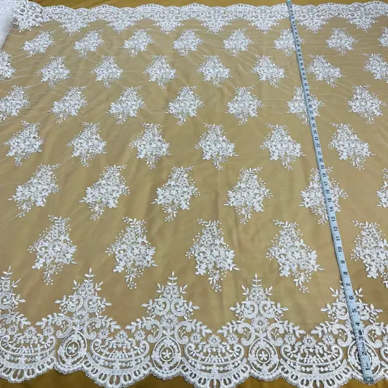 1 Yard White Elegant Corded Bridal Lace Fabric Embroidered on 100% Polyester Net Mesh 56" Width {3}