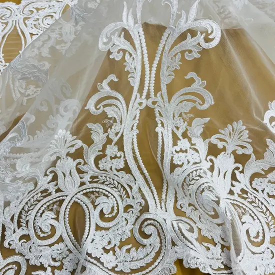 1 Yard Gold Metallic Beaded & Corded Bridal Lace Fabric, Embroidered 100% Polyester Net Mesh, 54" Wide White {7}