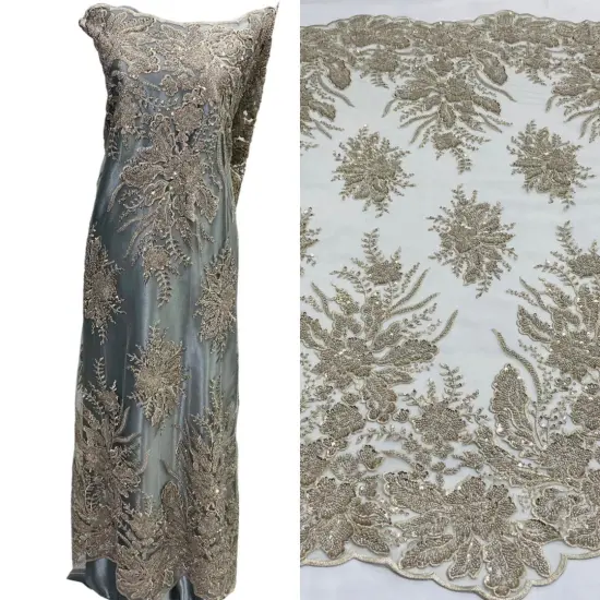 1 Yard Beaded Lace Fabric Embroidered on 100% Polyester Net Mesh, Blush, 48" Width Gold {5}