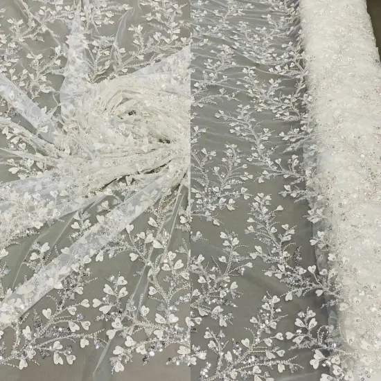 1 Yard Ivory Silver Beaded 3D Floral Lace Fabric, Embroidered Polyester Mesh, 54" Wide Ivory with Silver {3}