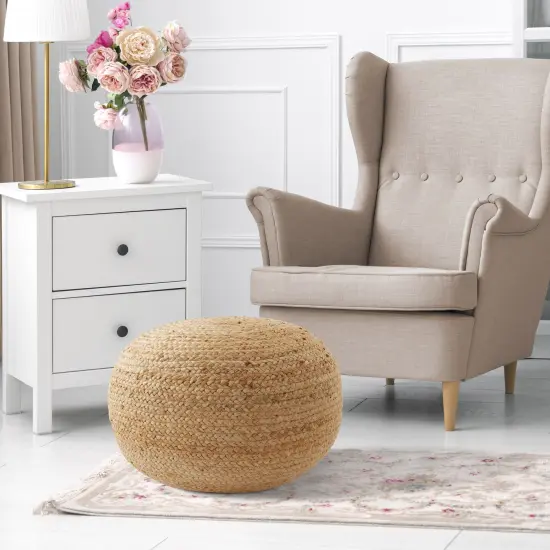 Hand-Braided Jute Pouf Ottoman Footrest, 19" Round x 10-1/2" High, Natural Woven Boho Floor Cushion, Home Decor for Living Room, Bedroom, Apartment {2}