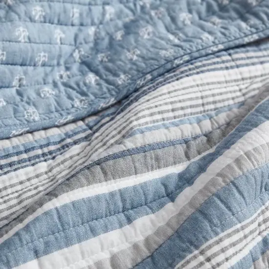 Lightweight Cotton Reversible Quilt Set Blue Grey White with Polyester Fill Machine Washable {2}