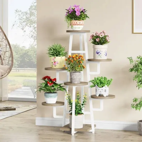 Metal and Wood 7-Tier Indoor Plant Stand with Scratch-Resistant Shelves White {4}