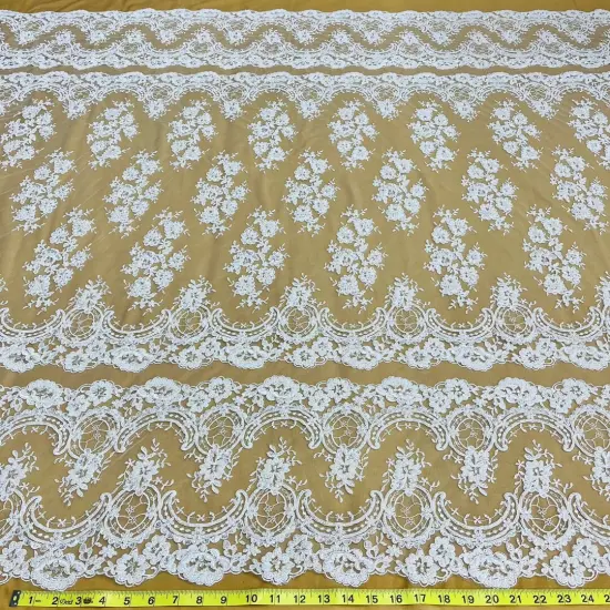 1 Yard White Beaded & Corded Bridal Lace Fabric, 51" Wide Embroidered Polyester Mesh {1}