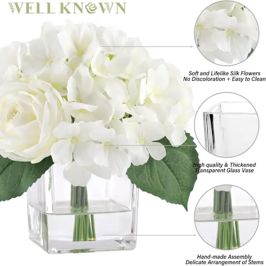 Artificial Flowers in Vase, Fake Flowers with Glass Vase, Silk White Hydrangea Rose Flower Faux Flowers in Vase, Centerpiece for Dining Table Wedding Party Home Hotel Office Decor (White) {4}