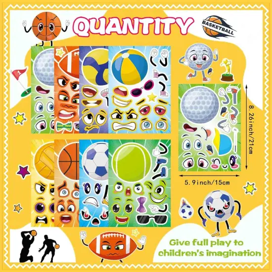 24 PCS Sport Ball Stickers for Kids, Make a Face Stickers, Make Your Own Mix and Match Sticker Sheets, Basketball, Baseball, Football, Volleyball, Soccer, Rugby Stickers for Teens/Kids {3}
