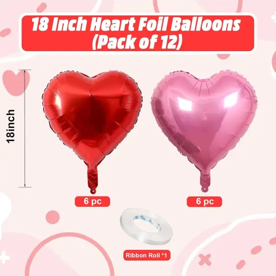 Pink Red Heart Balloons, 18 Inch Light Heart Foil Shape Balloon, 12PCS Pearl Red Pink Helium Mylar Love Balloon for Birthday Bridal Shower Engagement Wedding Valentine Party Decorations {2}
