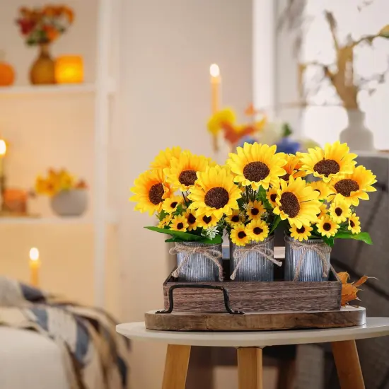Set of 3 Artificial Sunflowers Metal Pot Centerpiece Farmhouse Sunflowers Floral Arrangements with Rectangle Wooden Planter 11" for Rustic Wedding Spring Summer Home Kitchen Table Shelf D&eacute;cor {5}