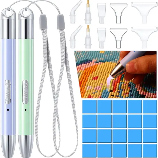 2 Pieces LED Diamond Painting Tools Pen 5D USB Rechargeable Lighting Point Drill Pen with 10 Head and 20 Glue Clay for Kids DIY Handicraft(Green, Purple) {1}