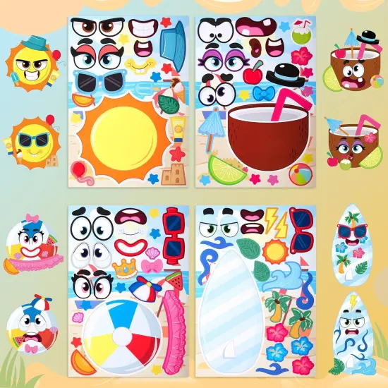 36 Pcs 9"x6" Summer Scene Make a face Stickers for Kids, Make Your Own Summer Sticker Sheets, Party Favors Kids Crafts, Goodie Bags Stuffers, Classroom Rewards {4}
