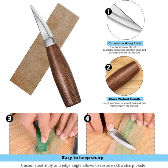 Wood Carving Tools Set,Detail and Hook Carving Knife Kit for Beginners,Trimming Knife for Spoon Bowl Cup Woodwork,Round handle design and 6pcs SK2 Carbon Steel Wood Carving Knives（10pcs） {3}