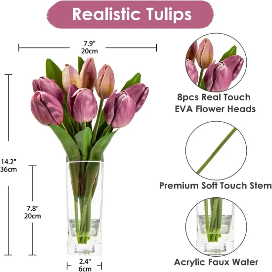 Fake Flowers Artificial Tulip Flower Purple in Clear Vase, Real Touch EVA Tulip Arrangement Suitable for Home Office Fall Decoration, Dining Table Centerpiece {2}