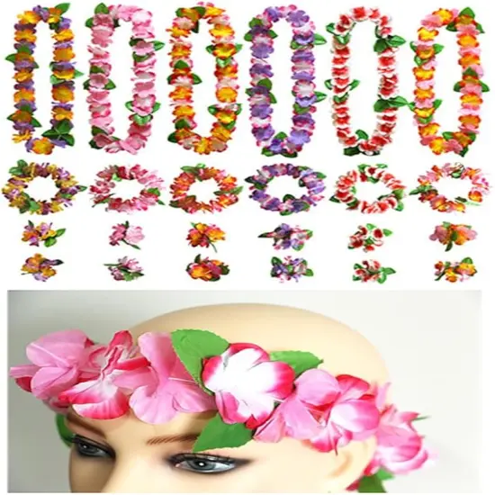 Hawaiian Hula Leis sets Artificial Flowers Fabric Wreath Neck Loop Wristband Headband Dance Garland Leis Sets for Luau Party Costumes (6 sets;24 Pack) {3}