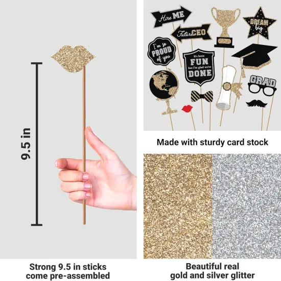 Fully Assembled Graduation Photo Booth Props - Set of 30 - Class of 2025 Graduation Selfie Signs - Congrats Grad Party Supplies & Decorations - with Real Gold & Silver Glitter - Did We Mention No DIY {4}