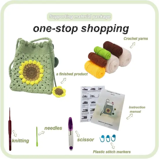 Crochet Kit for Beginners Sunflower Bag Crochet Starter Kit with Video Tutorials and Yarns, Hook DIY Adults & Kids Knitting Supplies(40%+ Yarn) {4}