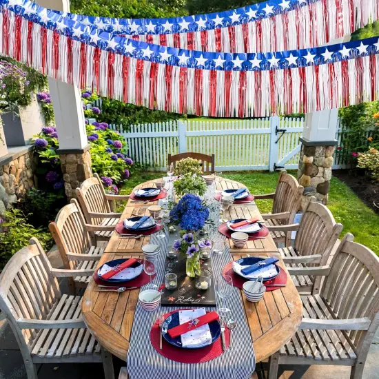 4th of July Decorations 2Packs 39 Feet Foil Fringe Garland Tinsel Streamers, Red White and Blue Star Metallic Hanging Backdrop Banner Table Skirts for Parade Floats Memorial Day Patriotic Party {2}