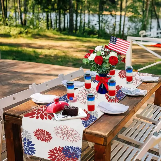 4th of July Independence Day Table Runner God Bless America Blue Red Dahlia Flower Memorial Day Table Runners Grey Modern Table Center Decor for Home Kitchen Dining Party Patio {3}