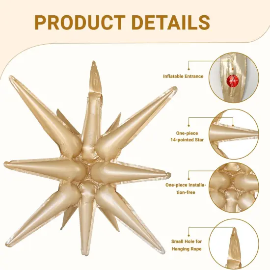 6 Pcs Caramel Colour Star Foil Balloons One-Piece 14-Pointed Star Balloons 4D Starburst Cone Mylar Balloons 22inch Christmas Birthday Wedding Wedding Anniversary Party Supplies(Caramel Colour) {3}
