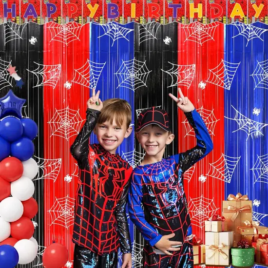 Spider Web Birthday Party Decoration Supplies, 2Pack Metallic Tinsel Foil Fringe Curtains 3.3x6.6ft, Red Blue Black Photo Booth Prop Backdrop Party Streamer, for Spider Birthday Party House Room Decor {2}