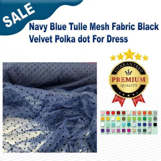 Navy Blue Tulle Mesh Fabric Black Velvet Polka dot For Dress {1}