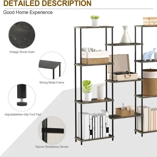 4-Tier Industrial Bookshelf with 11 Open Shelves &ndash; Heavy Duty 980 lbs Capacity, Anti-Tip Design & Adjustable Feet for Living Room, Bedroom, Office, Grey Storage Cabinet {3}