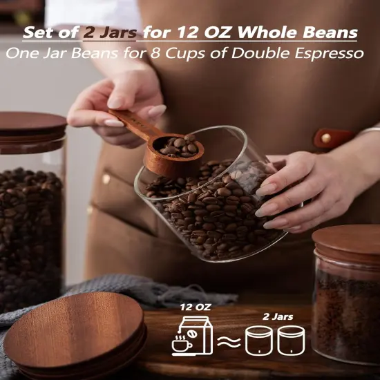 500ml Glass Coffee Canister with Wooden Lids and Scoop, Kitchen Coffee Container Set of 2 Hold Up to Total 12 oz of Coffee Bean, Airtight Food Storge Jars for Ground Coffee Bar Cereal Snack {3}