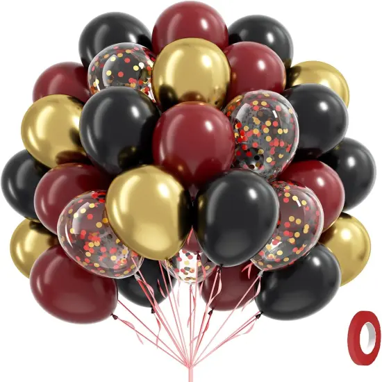 60pcs 12inch Black Burgundy and Gold Balloons, with Gold Red Black Confetti Balloons for Maroon Themed Birthday Baby Shower Graduation Party Decorations {1}