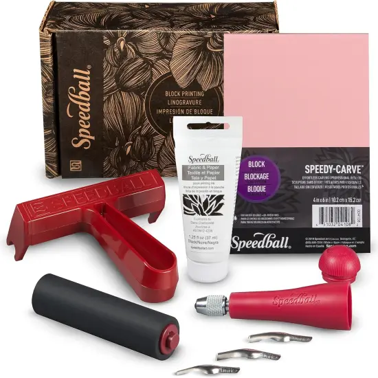 Block Printing Fabric Starter Kit, 7 Pieces &ndash; Includes Ink, Hard Brayer, Lino Handle and Cutters, Speedy-Carve Relief Carving Rubber {1}