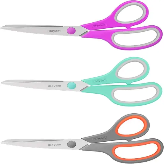 All Purpose Scissors Bulk 3-Pack, Ultra Sharp 2.5mm Thick Blade Shears Comfort-Grip for Office Desk Accessories Sewing Fabric Home Craft Teacher School Supplies, Right/Left Handed {1}