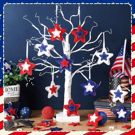 18 Pcs Memorial Day Star Felt Ornaments Patriotic 4th of July Hanging Stars 3.14 Inch White Red Blue Independence Day Tree Decorations for Memorial Veteran Day Party Decor(Classic Style) {3}