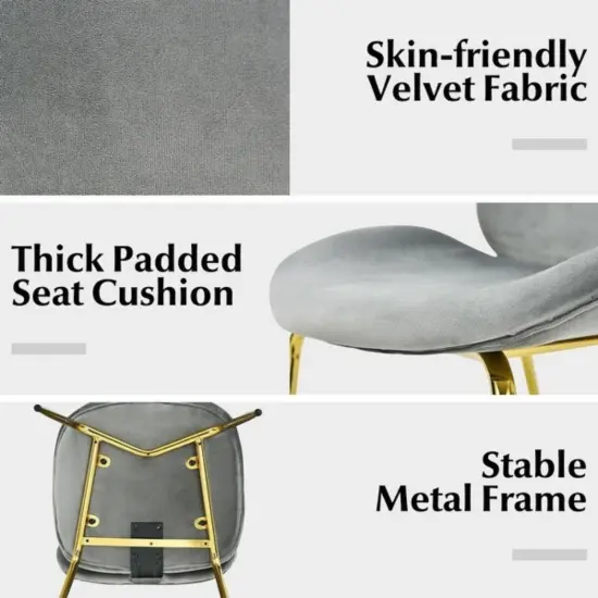 Set of 2 Velvet Accent Chairs with Gold Metal Legs and Ergonomic U Shaped Seat Gray {4}