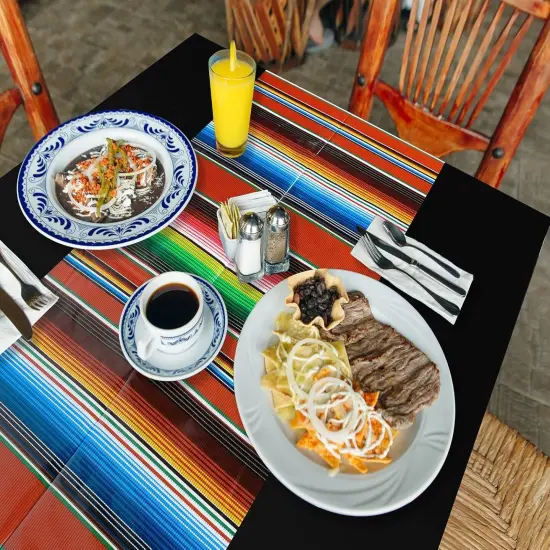 6 Pcs Fiesta Tablecloth 108 x 54 Inch Plastic Tablecover Waterproof Mexican Tablecloth Mexican Striped Table Cover for Taco Night Festive Fiesta Wedding (Black) {4}