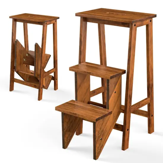 3-in-1 Rubber Wood 3 Tier Folding Step Stool Ladder Storage Shelf Brown {9}