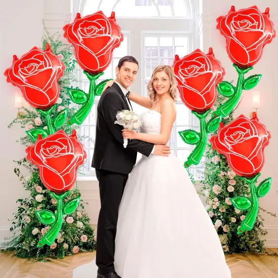 6 Pcs Red Rose Balloons,37 Inch Giant Rose Foil Balloons Rose Shaped Balloons,Red Rose Flower Balloon Valentines Day Balloon for Birthday Wedding Valentines Day Flower Theme Party Decoration {3}