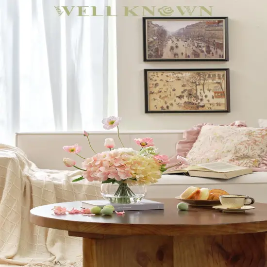 Artificial Flowers with Glass Vase, Fake Tulips, Silk Hydrangea Flower Bouquet Arrangement with Faux Water for Home Office Hotel Wedding Party Dining Table Centerpieces Decor & Gift (Pink & Champagne) {3}