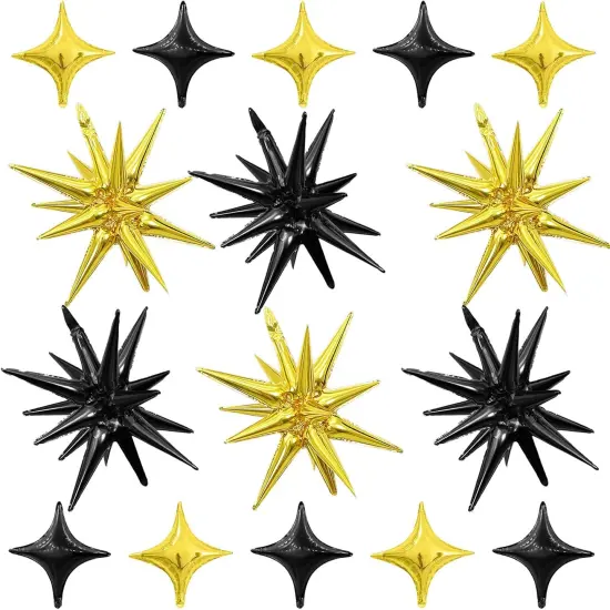 Black Gold Star Balloons,Explosion Star Balloons Kit with 6Pcs 22Inch Cone Star Foil Balloons and 10Pcs 10Inch Four Pointed Star Balloons for Birthday Anniversary Disco Party Decorations {1}