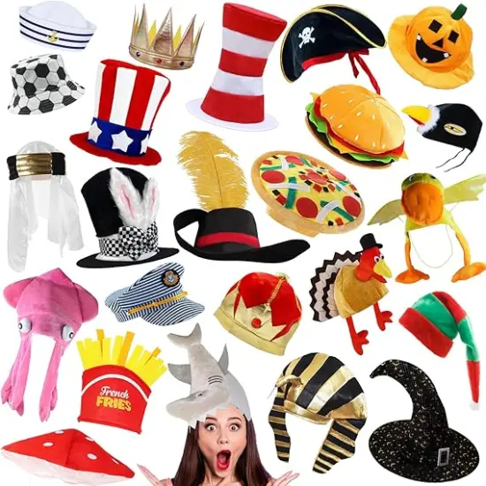 Bulk Premium Funny Hats, 24 Assorted Dress Up Costume Hat, Crazy Party Hats, Novelty Party Hats, Costume Hats for Adults, Teens, Photo Booth Prop for Graduation, Wedding, Birthday, Bachelorette, etc {1}