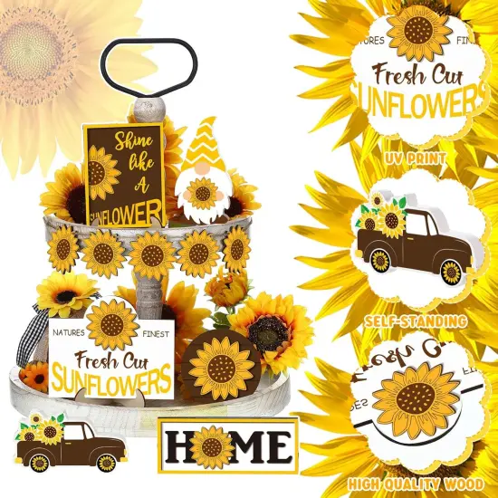 2 Pcs Sunflower Tiered Tray Decor Set Farmhouse Summer Wooden Sign Sunflower Decorations for Home Rustic Sunflower Table Decorations Summer Tiered Tray Decor for Home Kitchen Tabletop {5}