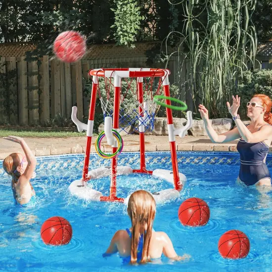 Pool Basketball Hoop Toys for Kids Ages 4-8 8-12 Adult, Summer Outdoor Swimming Pool Games Water Play Toys Family Party for Teens, 2in1 Pool Basketball Hoop & Rings Game with 4 Balls 12 Rings and Pump {4}