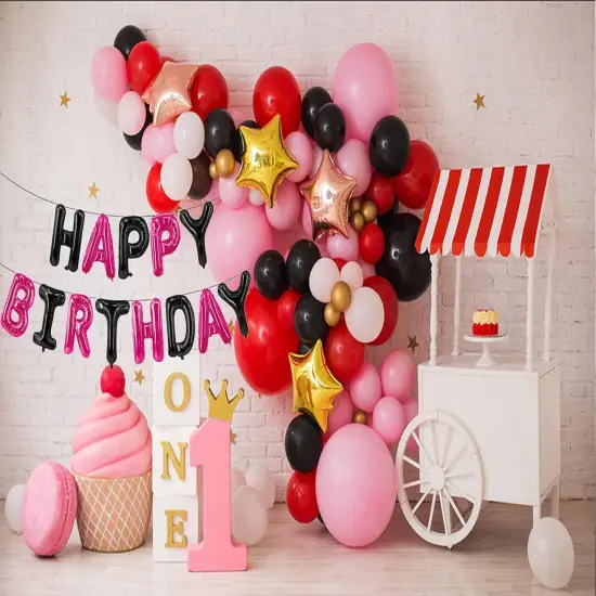 Happy Birthday Balloons Banner Black & Hot Pink 16 Inch {2}