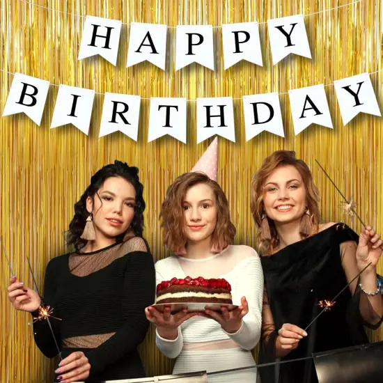 Birthday Party Decorations: 3 Pack 3.3 x 9.9 ft Gold Foil Fringe Curtains Party Supplies, Tinsel Curtain Backdrop for Parties/Birthday/Photo Booth {4}