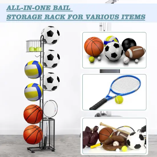7-Tier Freestanding Basketball Storage Rack with Baskets & Hooks &ndash; Heavy Duty Indoor/Outdoor Sports Organizer for Football, Volleyball, Bats, Rackets, and Gear (Garage, Gym, School) {3}