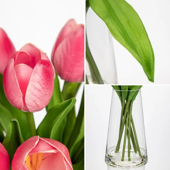 Fake Tulips Artificial Tulip Flowers in Glass Vase with Faux Water, 14.2" Real Touch Pink Tulip Flowers Spring D&eacute;cor for Table Centerpiece Home Farmhouse Resto Wedding Decoration {3}