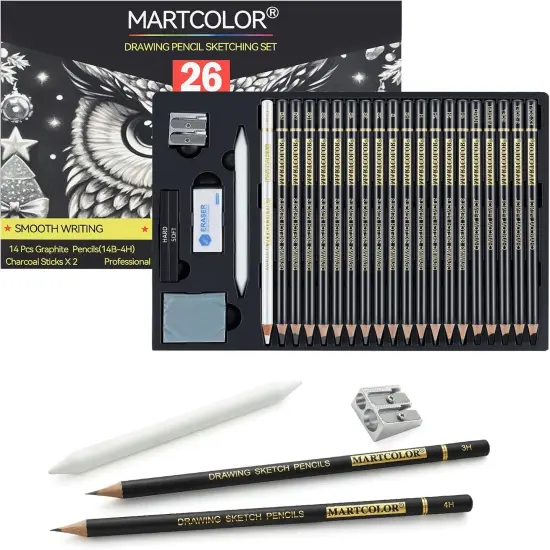 Drawing Sketching Pencil Set, 26 Pieces, Graphite Pencils (14B-4H), Charcoal Pencils, Charcoal Sticks, Blending Stump, Eraser, Sharpeners, Artist Pencils for Beginners & Pro Artists {1}
