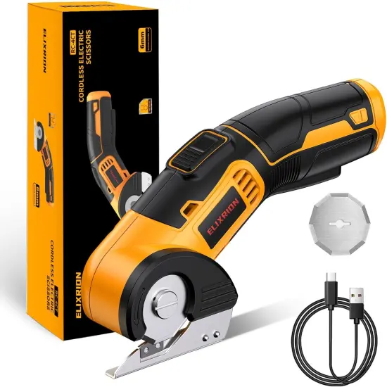 Electric Scissors Rotary Cutter with 2 Blades | 4V 2000mAh Rechargeable | Heavy Duty for Cardboard Fabric Carpet Leather | Lightweight Portable (Yellow) {1}