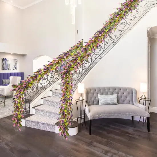 6FT Lavender Flowers Garland with Wildflower, Purple Pink Floral Eucalyptus Vine, Artificial Summer Spring Garland for Mantle Wedding Arch Porch Window Indoor Decor Home Decoration {4}