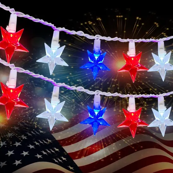 4th of July Red White and Blue Star Lights, 35 LED Plug in Patriotic Star String Lights Independence Day Fairy Lights for Memorial Day Independence Day Decorations Outdoor {1}