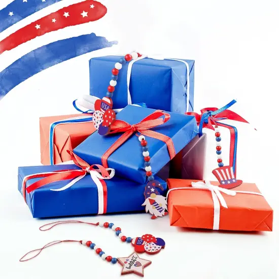 12 Pieces Independence Day Wood Bead Garland with Wooden Tag 4th of July Patriotic Wooden Bead Hanging Ornaments American Flag {5}