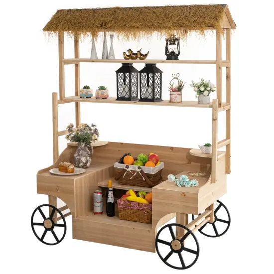 Vintiquewise Versatile Multi-Tier Shelves Wooden Rolling Cart - Perfect for Festival, Event Stand, Food Tasting Table, Garden Floral Display Rack, & Home Decor with Straw Roof and 2 Black Wheels {1}