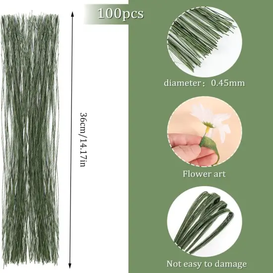 Floral Wire 26 Gauge, 100 Pcs Green Florist Flower Wire Stems for Crafts, Bouquet Stem Wrapping, Wreath Making, Flower Arrangement Supplies (14 Inch) {3}